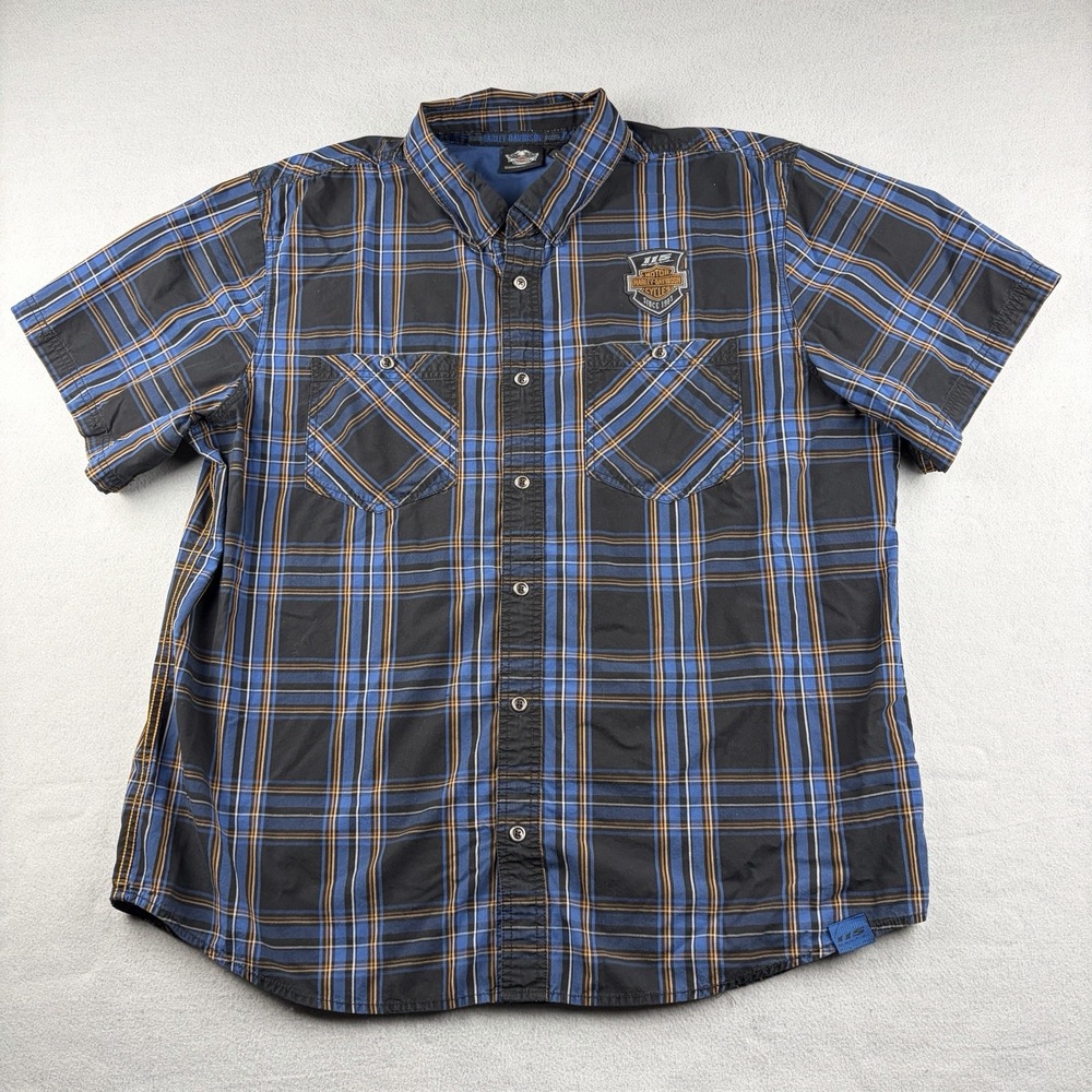 Harley Davidson 115th Anniversary Plaid Shirt Embroidered Black Blue 2XL